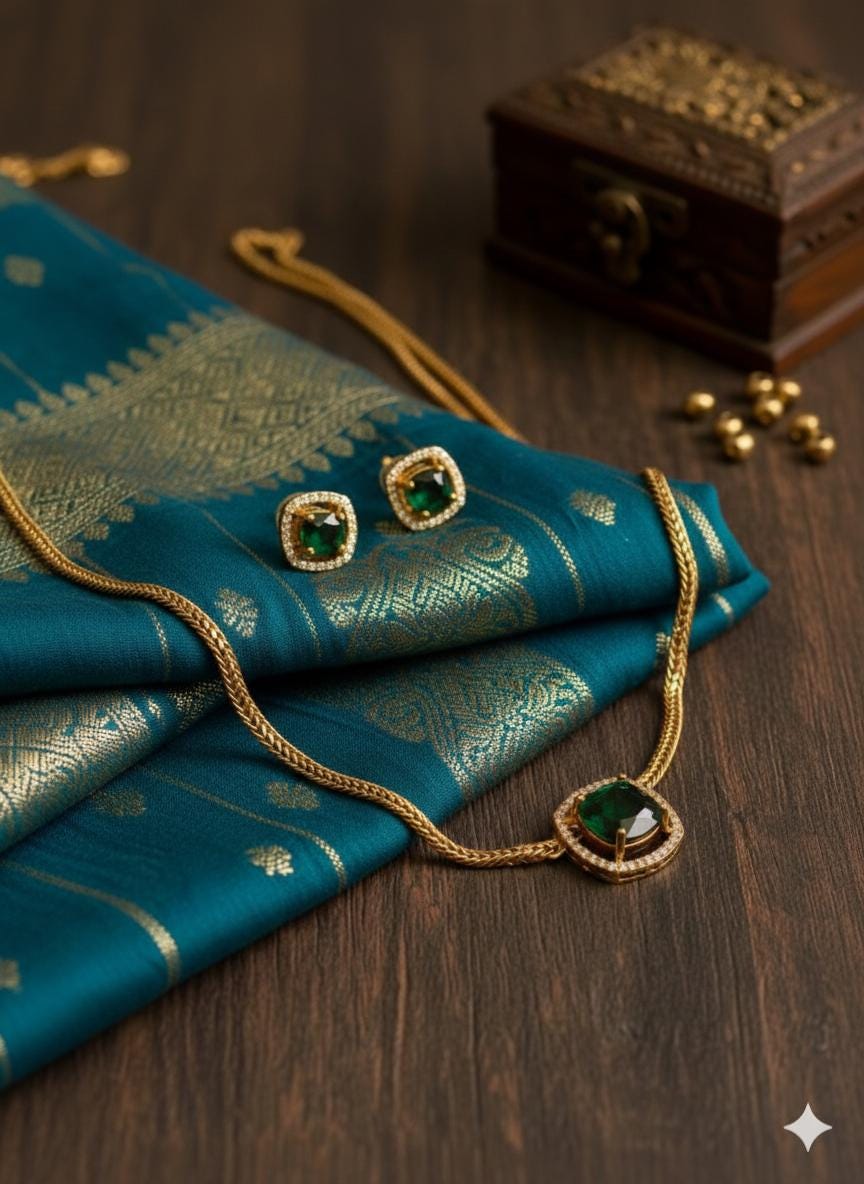 Emerald Green Jewelry Set  Gold Plated Necklace & Studs, Indian Wedding