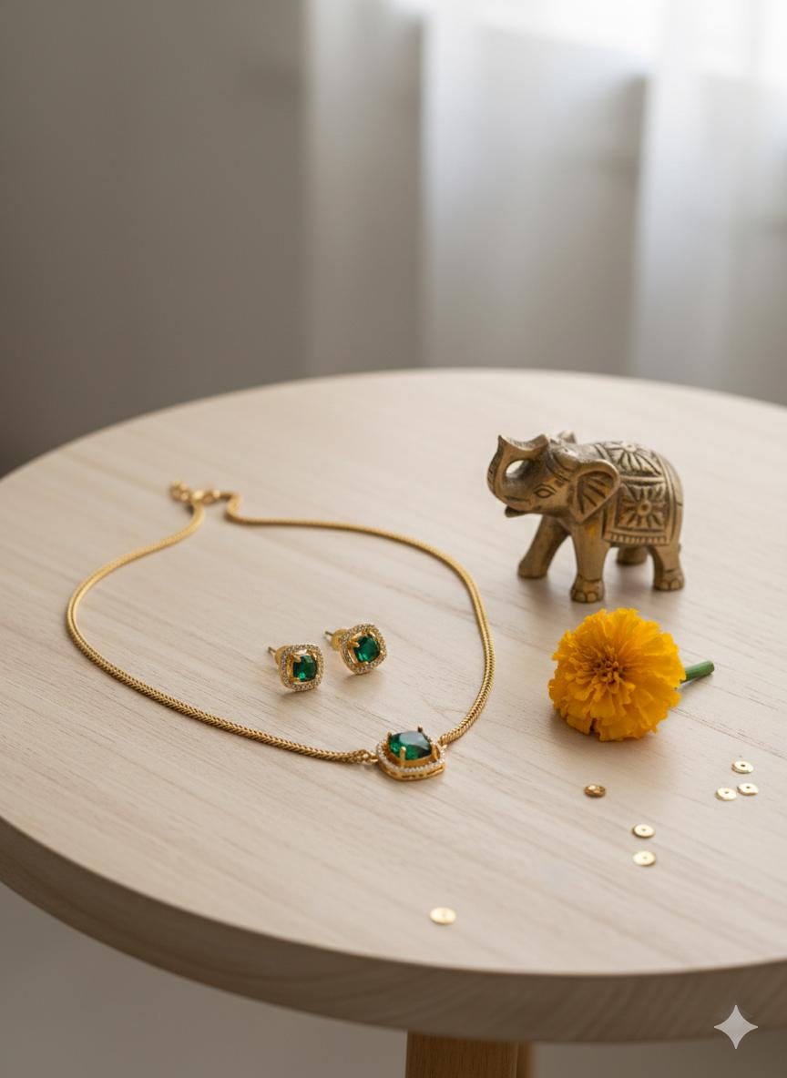 Emerald Green Jewelry Set  Gold Plated Necklace & Studs, Indian Wedding