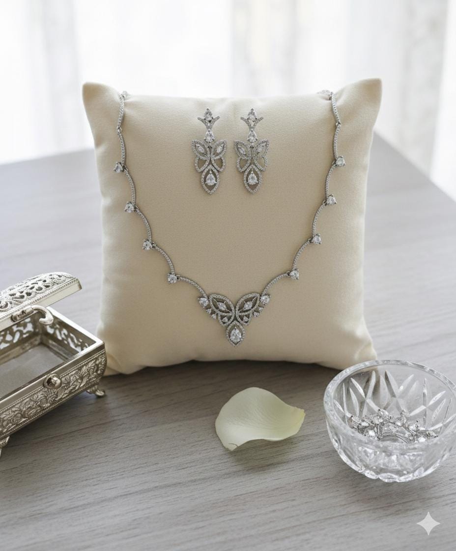 Indo-Western Diamond Style Necklace and Earring Set | Elegant Silver Finish Floral Jewellery for Brides