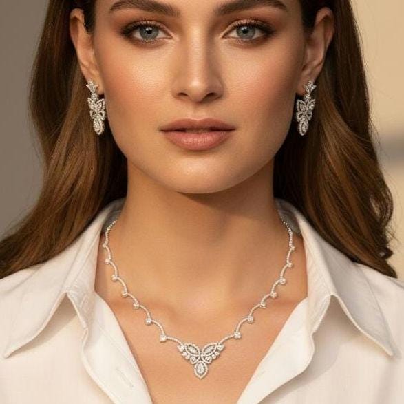 Indo-Western Diamond Style Necklace and Earring Set | Elegant Silver Finish Floral Jewellery for Brides