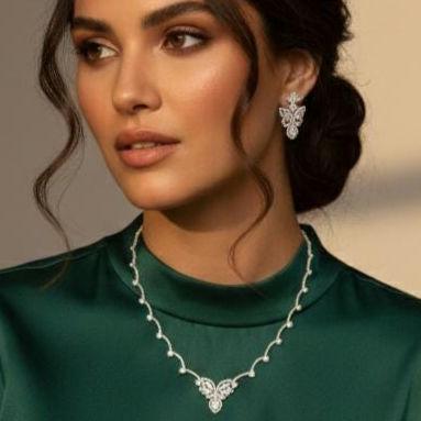 Indo-Western Diamond Style Necklace and Earring Set | Elegant Silver Finish Floral Jewellery for Brides