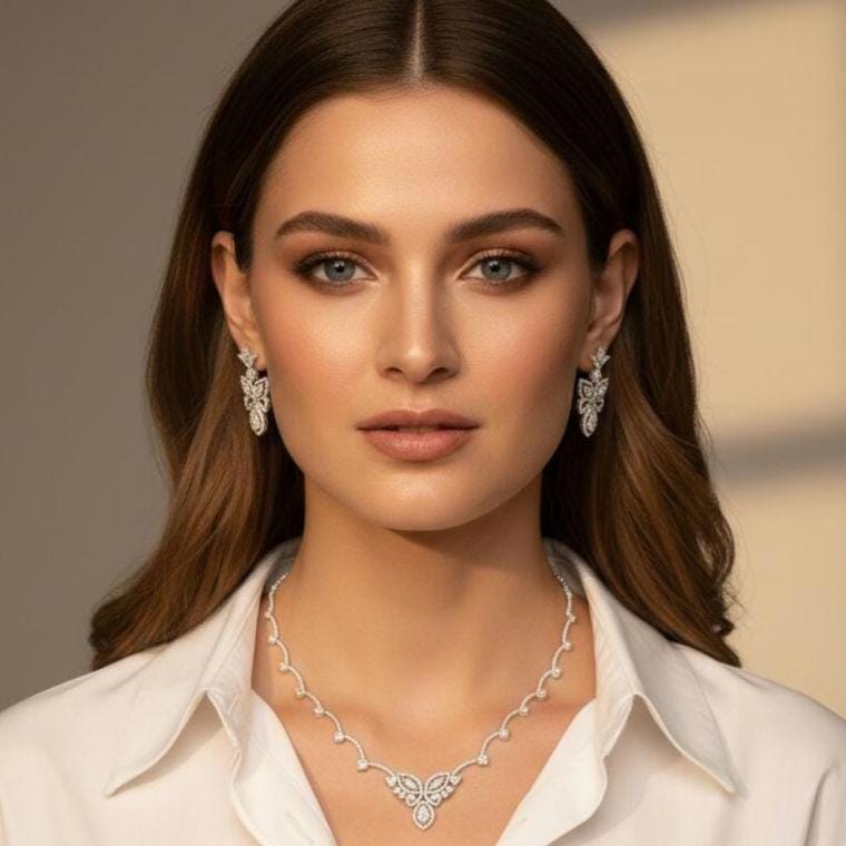 Indo-Western Diamond Style Necklace and Earring Set | Elegant Silver Finish Floral Jewellery for Brides