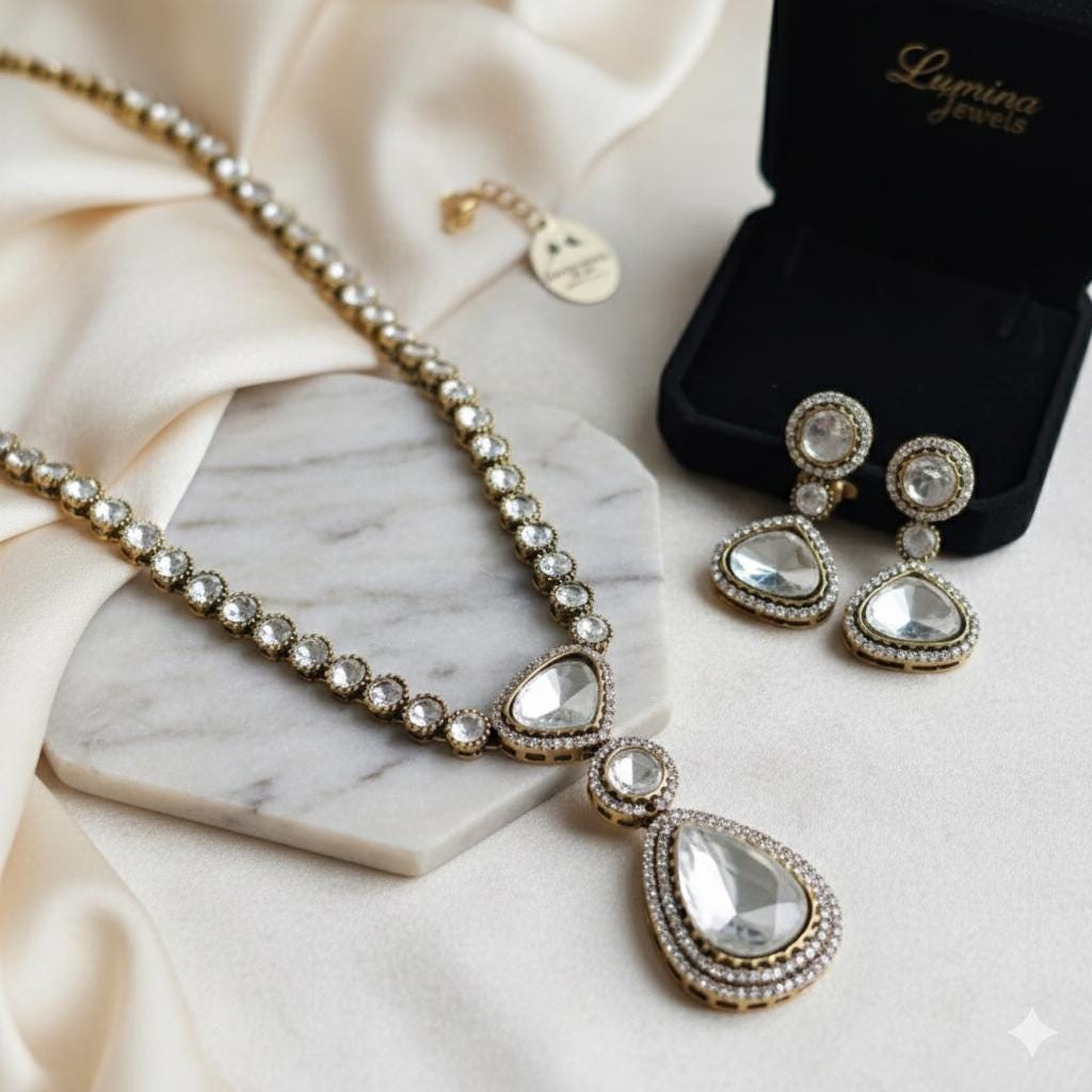 Polki Necklace Set with Teardrop Pendant and Matching Earrings | Elegant Bridal Jewelry for Weddings | Kundan Style Statement Set