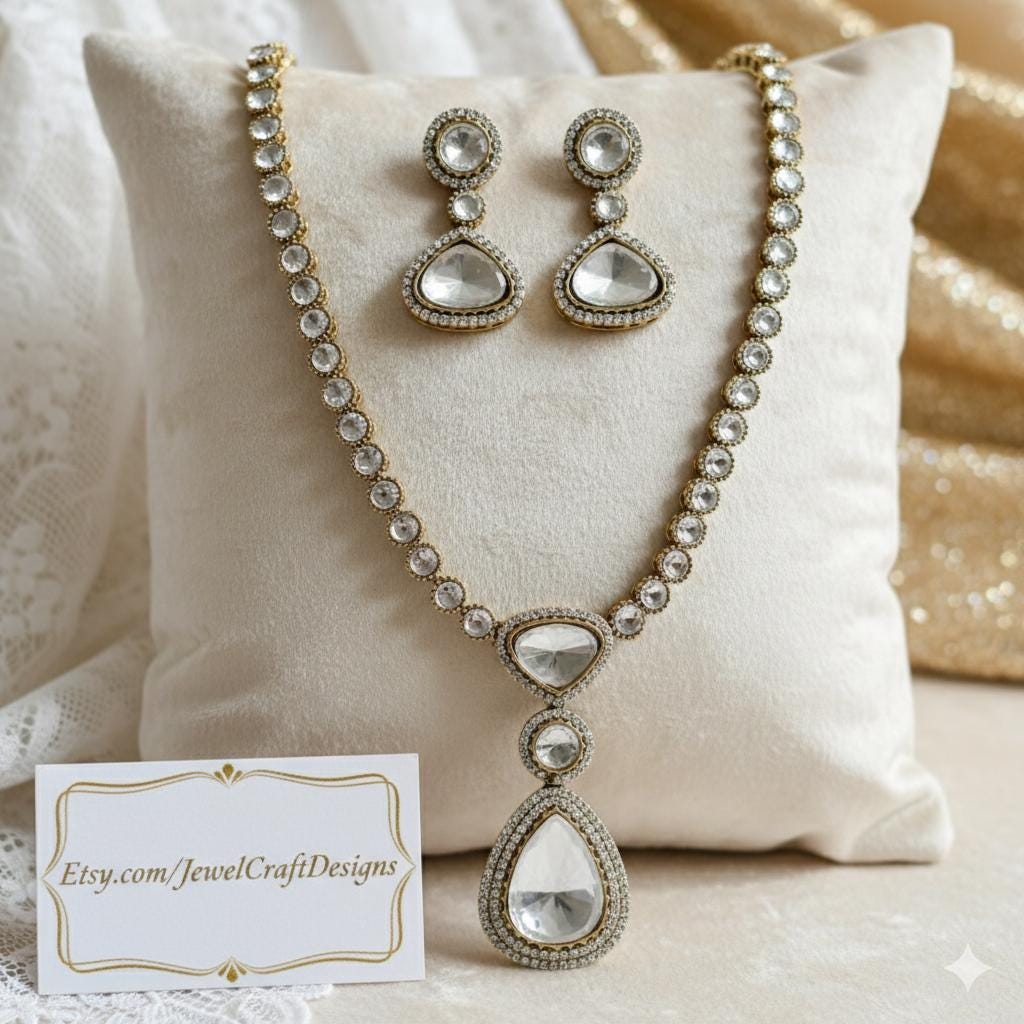 Polki Necklace Set with Teardrop Pendant and Matching Earrings | Elegant Bridal Jewelry for Weddings | Kundan Style Statement Set