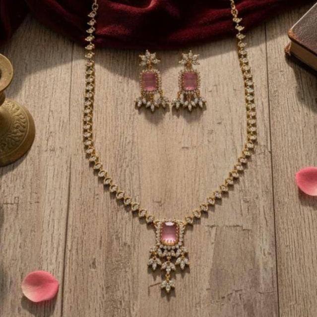 Pink Emerald Cut Necklace & Chandelier Earrings Set  Gold Plated Bridal Jewelry