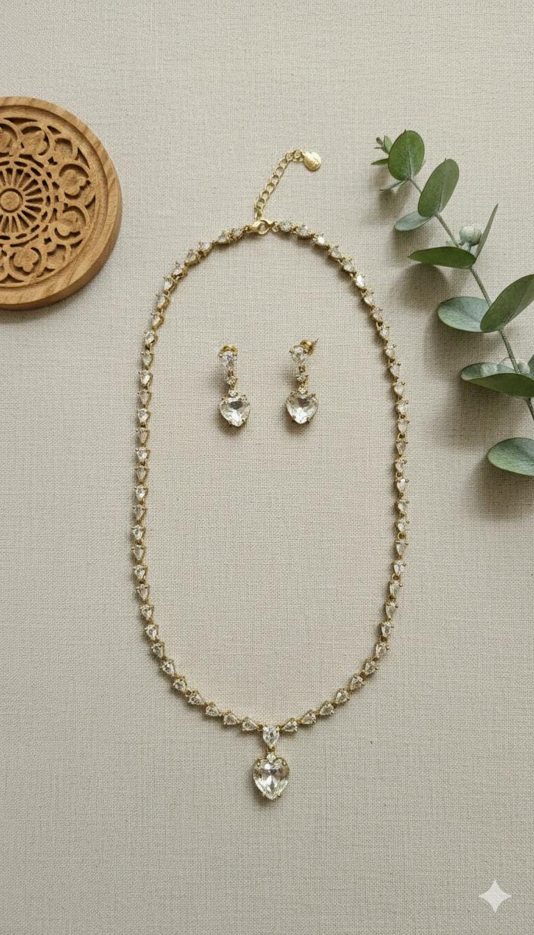 Gold Plated Heart Crystal Bridal Jewelry Set, Necklace and Earrings