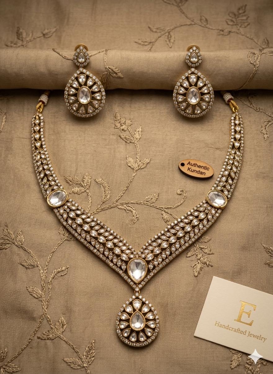 Gold Plated Polki Necklace Set with Drop Earrings | Indian Bridal Jewelry