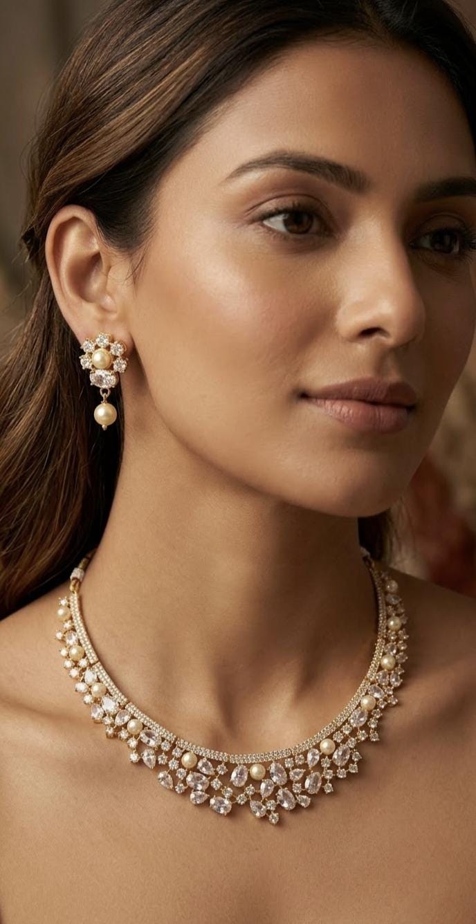 Gold Plated Pearl Necklace Earrings Set, Bridal Choker, Bollywood Wedding Jewelry