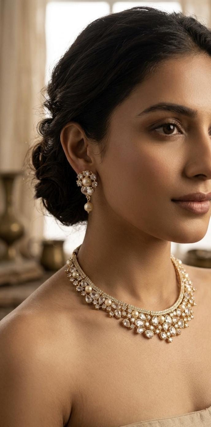 Gold Plated Pearl Necklace Earrings Set, Bridal Choker, Bollywood Wedding Jewelry