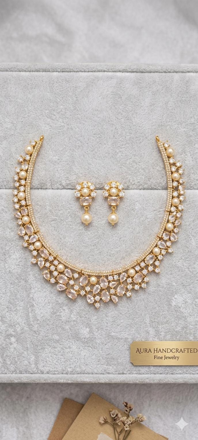 Gold Plated Pearl Necklace Earrings Set, Bridal Choker, Bollywood Wedding Jewelry
