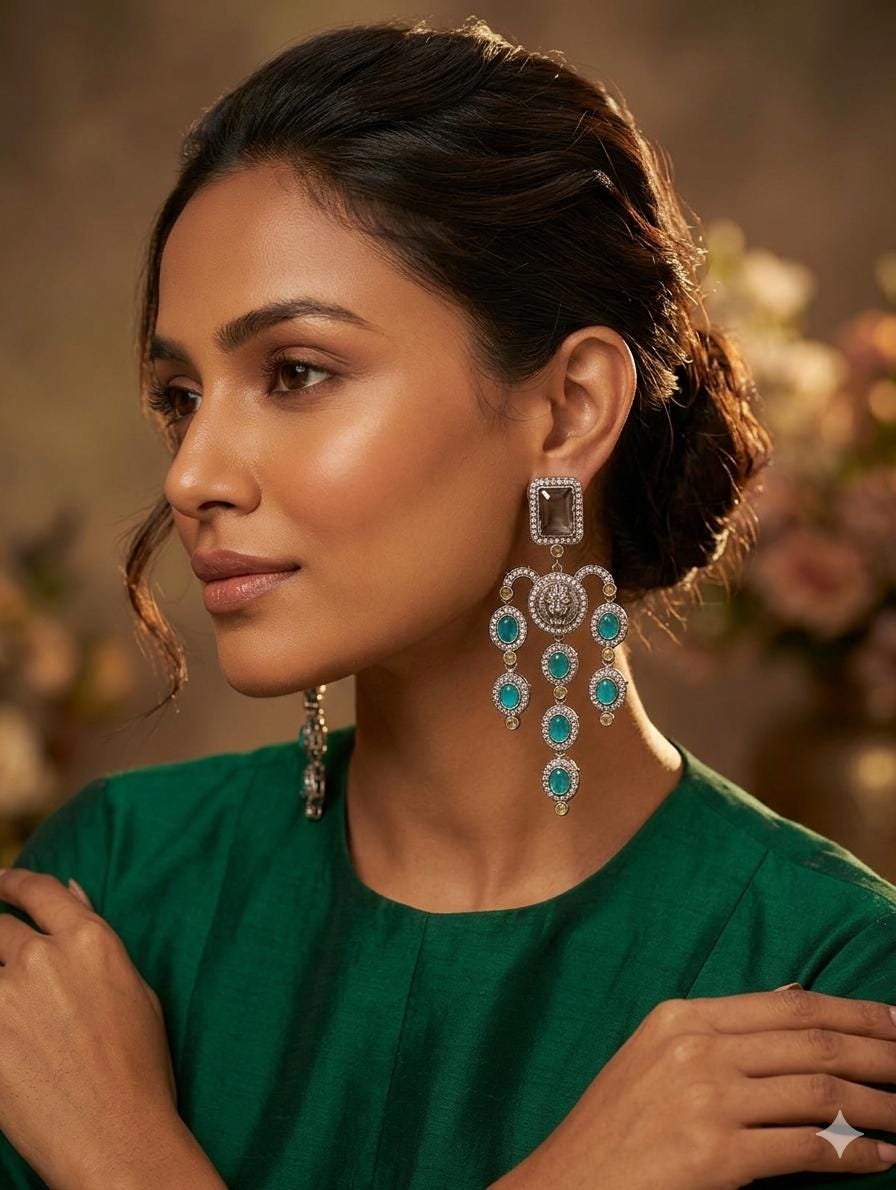 Royal Lion Head Chandelier Earrings  Antique Silver Teal Gemstone Jhumkas