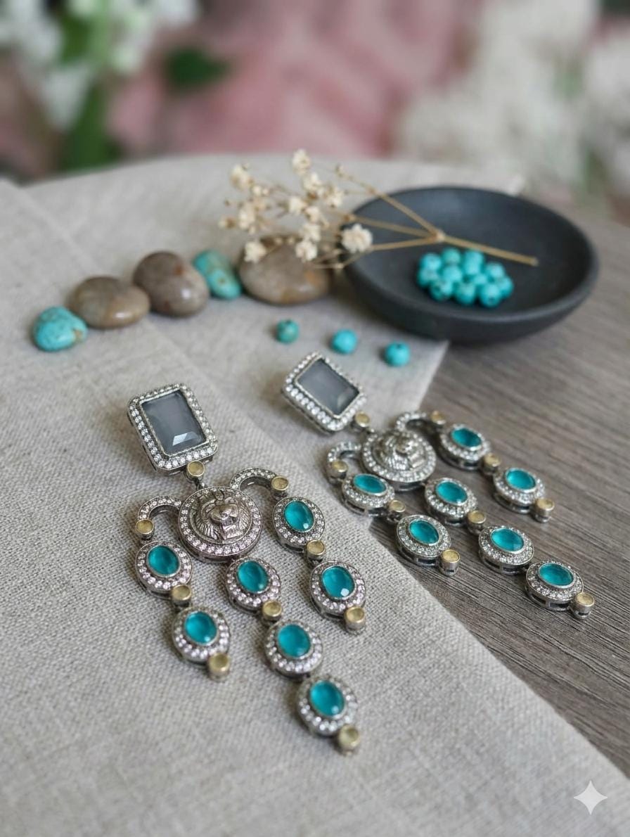 Royal Lion Head Chandelier Earrings  Antique Silver Teal Gemstone Jhumkas