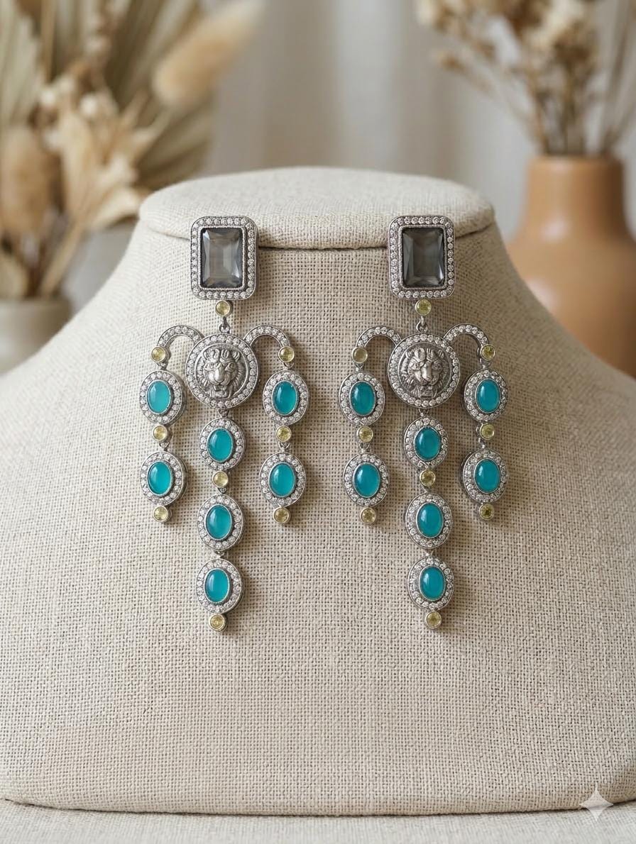 Royal Lion Head Chandelier Earrings  Antique Silver Teal Gemstone Jhumkas