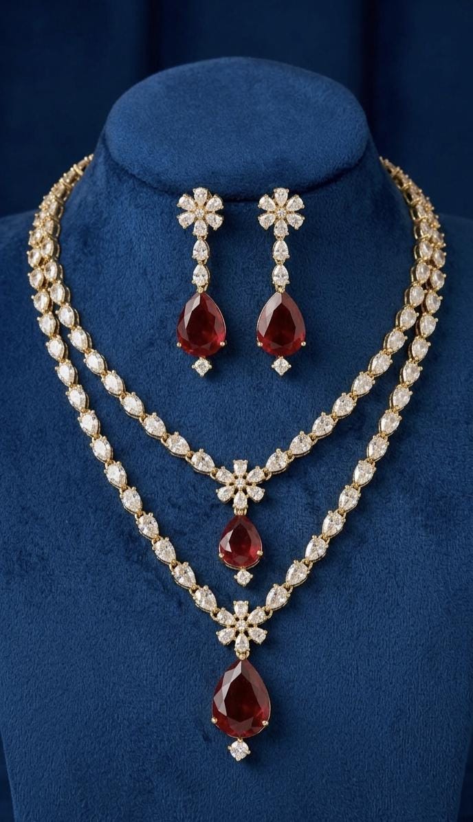 Ruby Red Teardrop Necklace Earring Set  Gold Plated Bridal Statement Wedding Jewelry