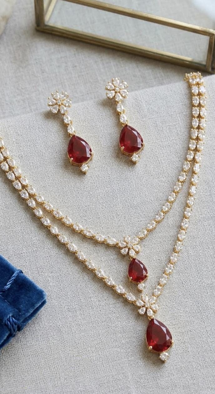 Ruby Red Teardrop Necklace Earring Set  Gold Plated Bridal Statement Wedding Jewelry