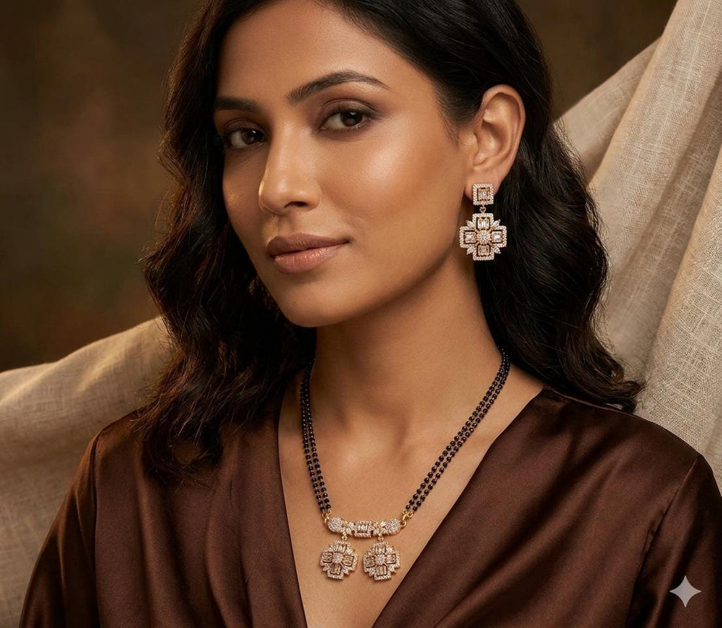 Geometric Mangalsutra Set with Earrings | Black Bead Double Chain AD Pendant Neckset