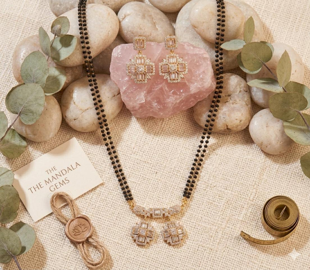 Geometric Mangalsutra Set with Earrings | Black Bead Double Chain AD Pendant Neckset
