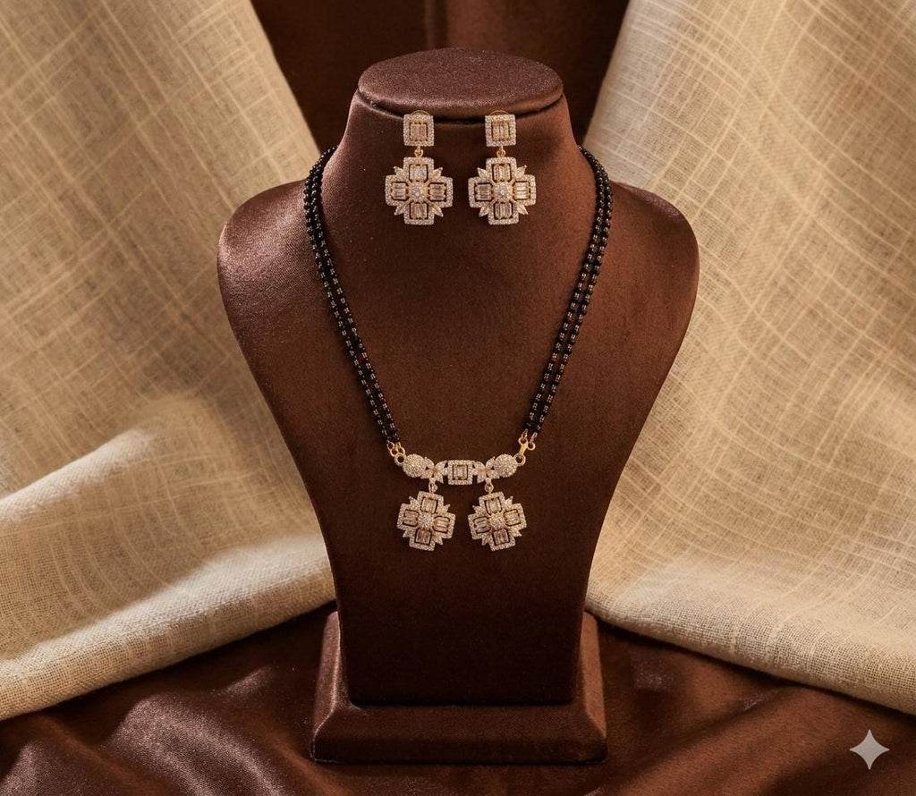 Geometric Mangalsutra Set with Earrings | Black Bead Double Chain AD Pendant Neckset