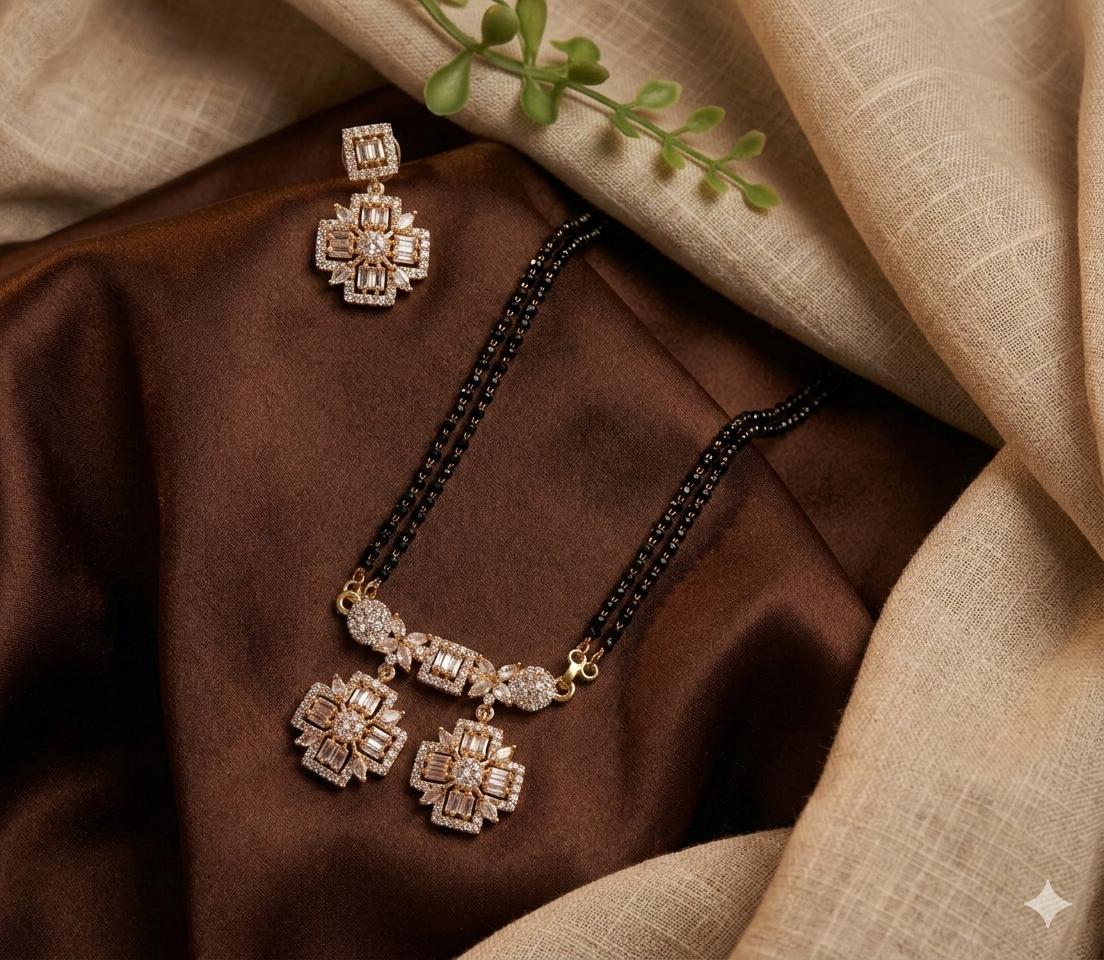 Geometric Mangalsutra Set with Earrings | Black Bead Double Chain AD Pendant Neckset