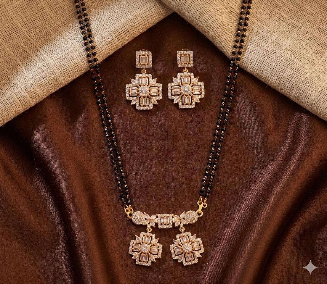 Geometric Mangalsutra Set with Earrings | Black Bead Double Chain AD Pendant Neckset