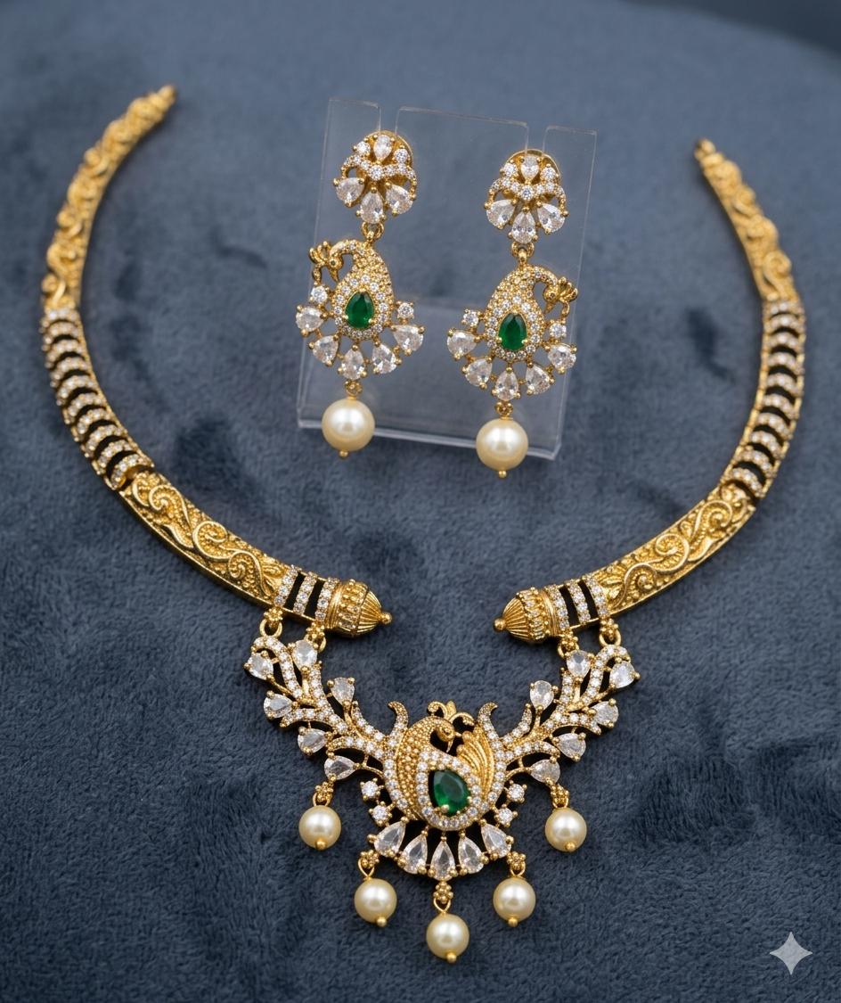 Antique Gold Plated Peacock Hasli Necklace Set, Emerald Pearl Choker Earrings