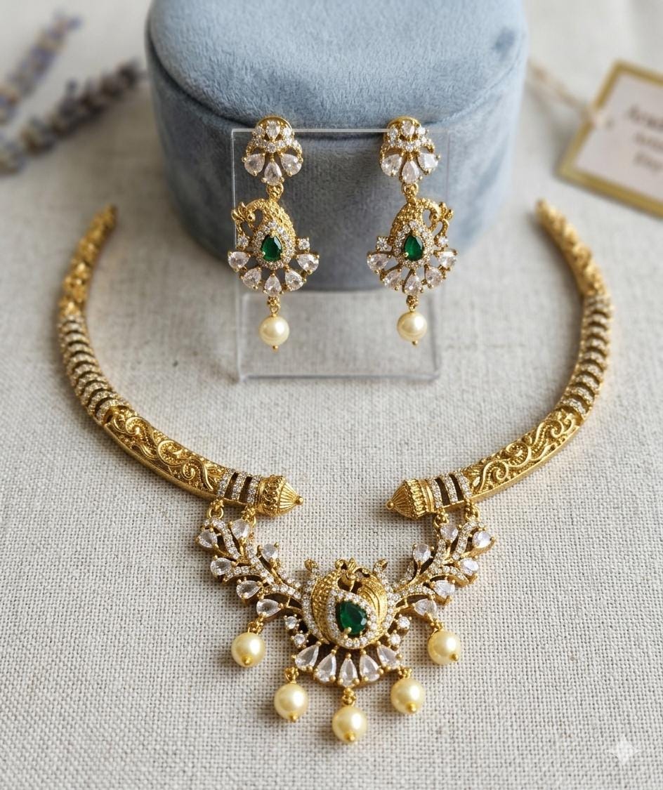 Antique Gold Plated Peacock Hasli Necklace Set, Emerald Pearl Choker Earrings
