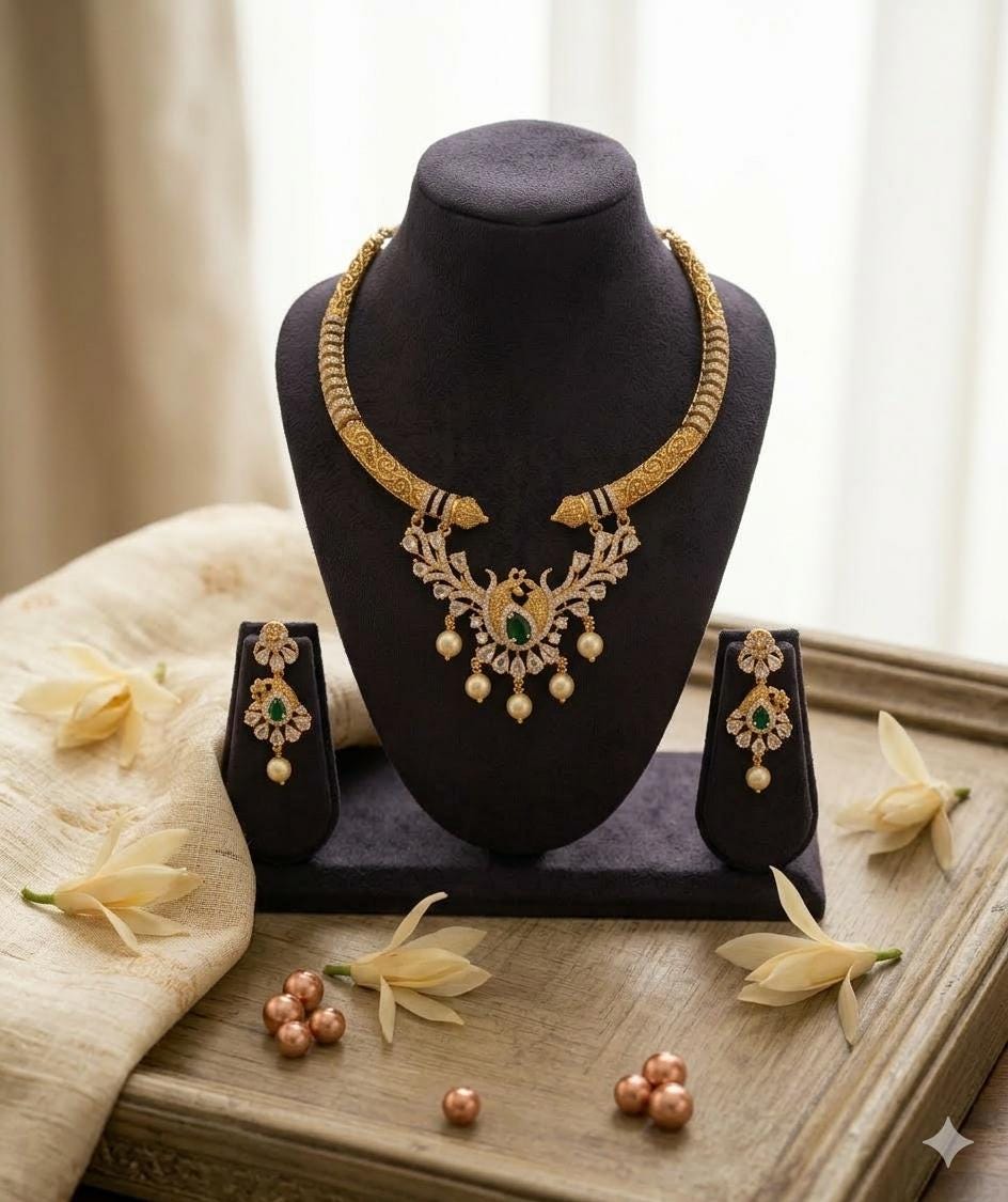 Antique Gold Plated Peacock Hasli Necklace Set, Emerald Pearl Choker Earrings