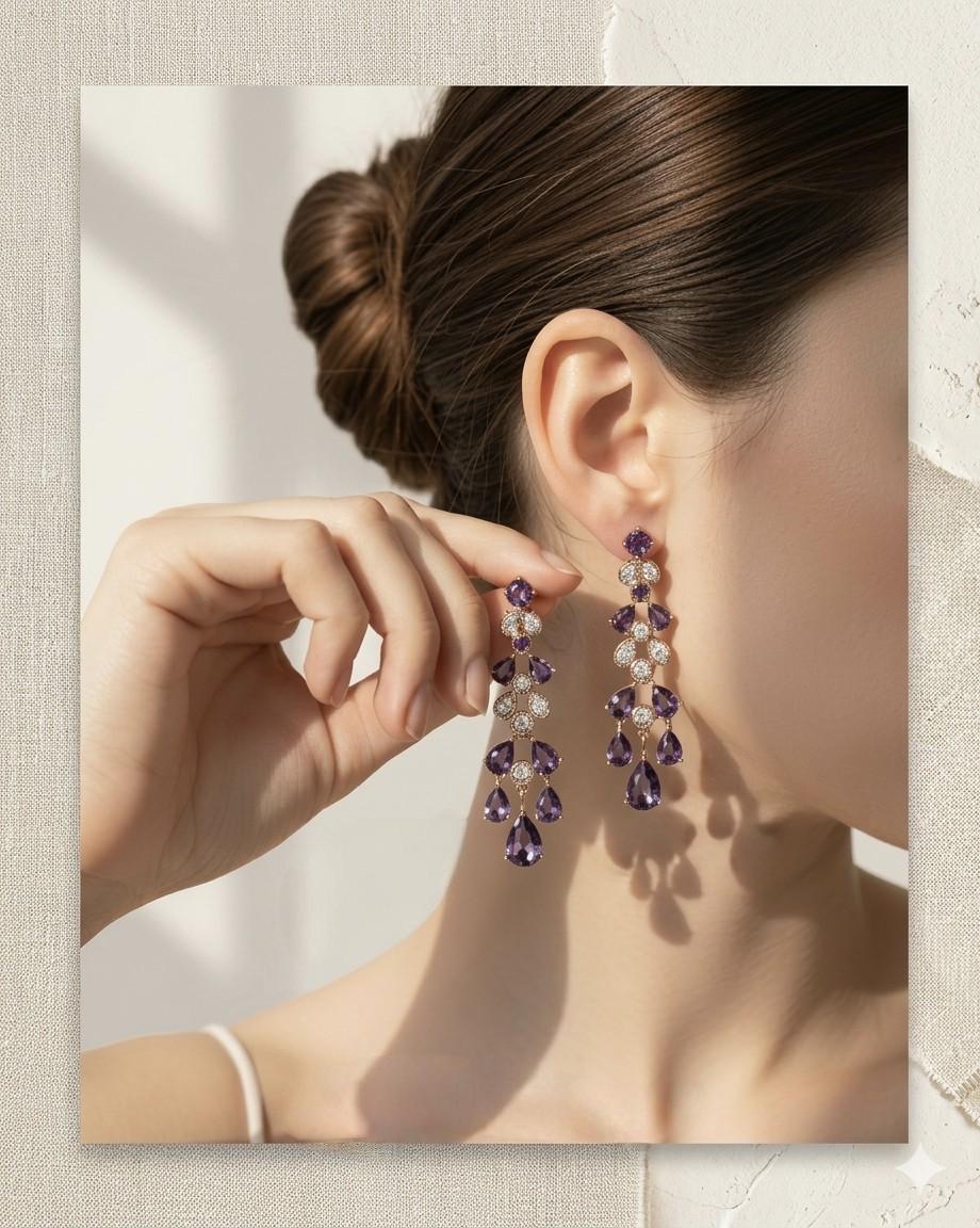 18k Gold Plated Amethyst Teardrop Chandelier Earrings, Vintage Style Statement Jewelry