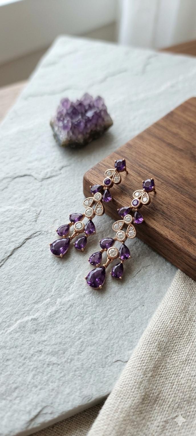 18k Gold Plated Amethyst Teardrop Chandelier Earrings, Vintage Style Statement Jewelry
