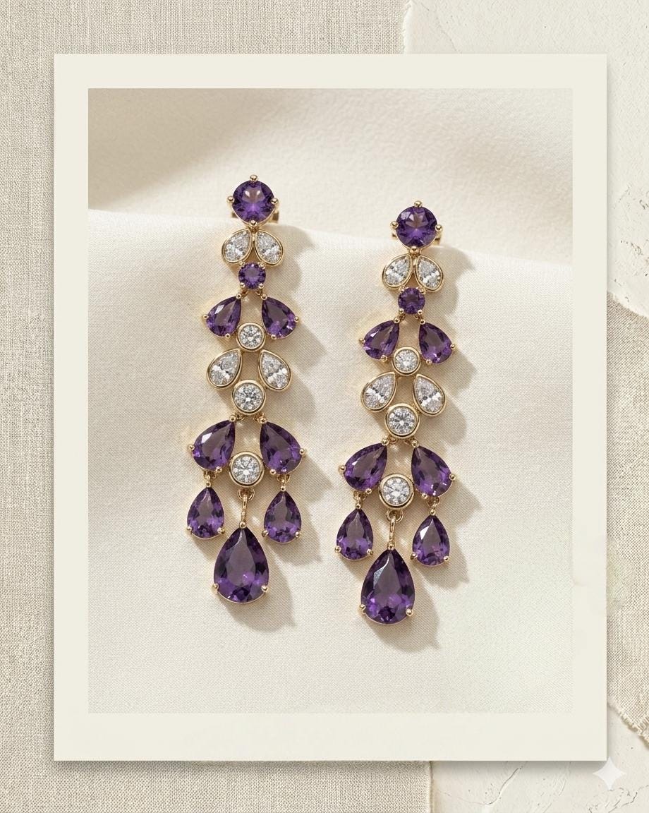 18k Gold Plated Amethyst Teardrop Chandelier Earrings, Vintage Style Statement Jewelry