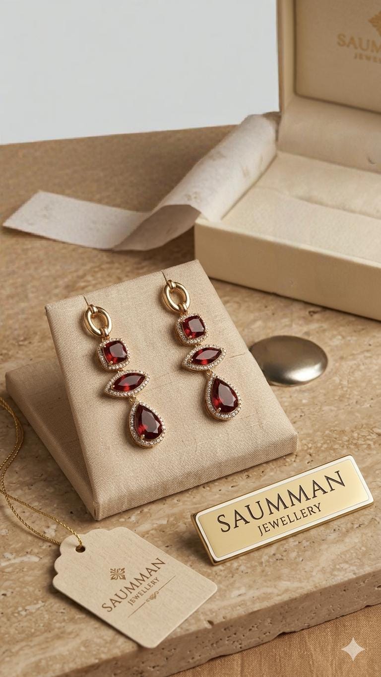 18K Gold Plated Red Garnet Marquise Pear Drop Earrings, Ruby Crystal Statement Jewellery