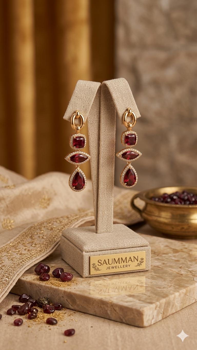 18K Gold Plated Red Garnet Marquise Pear Drop Earrings, Ruby Crystal Statement Jewellery
