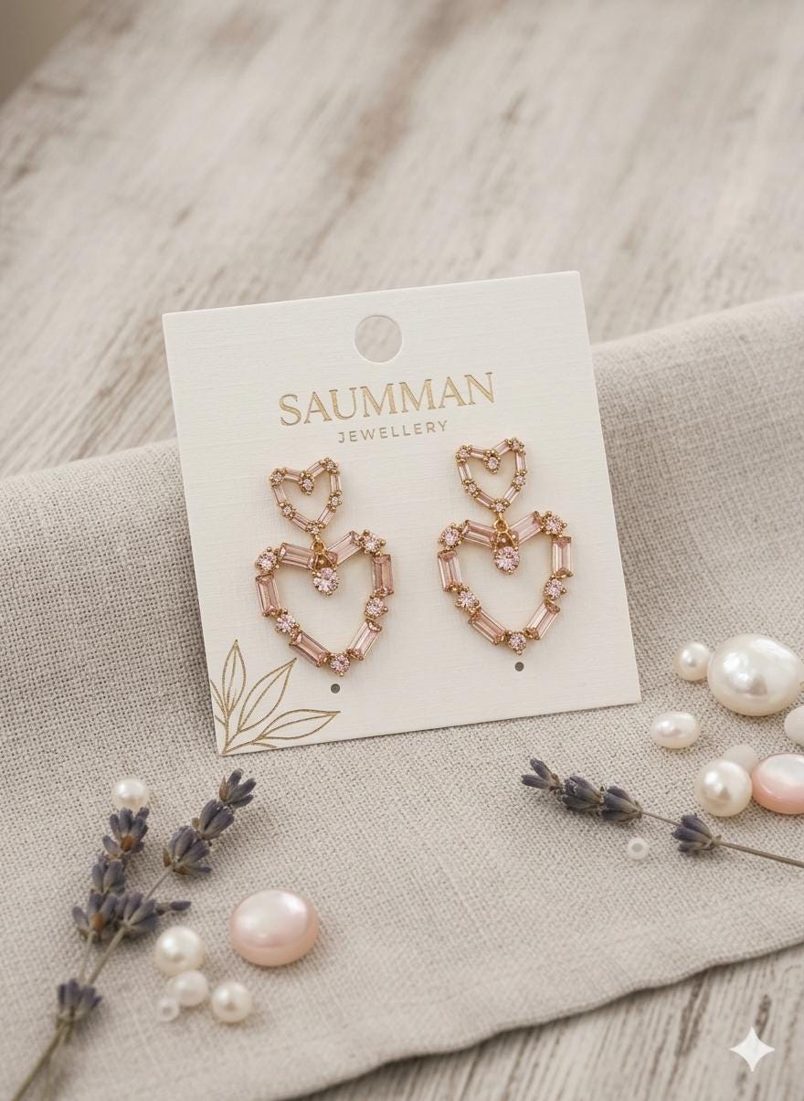 18k Gold Plated Pink Heart Drop Earrings, Double Heart Dangle, Pastel Cubic Zirconia Jewelry