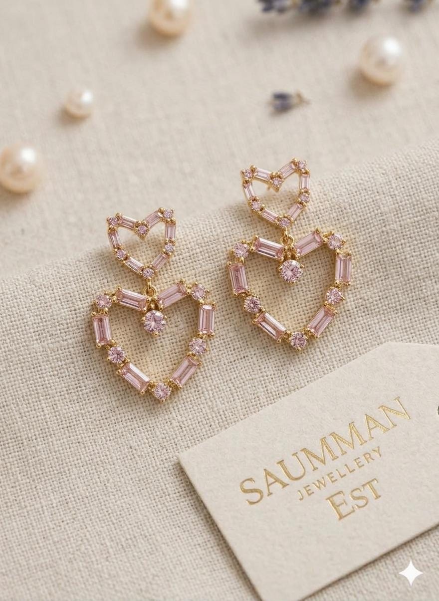 18k Gold Plated Pink Heart Drop Earrings, Double Heart Dangle, Pastel Cubic Zirconia Jewelry