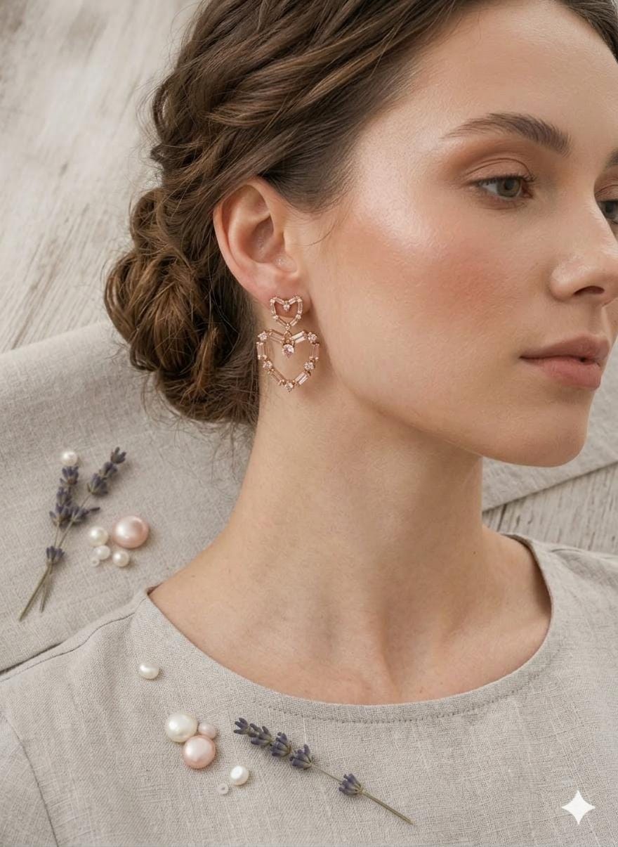 18k Gold Plated Pink Heart Drop Earrings, Double Heart Dangle, Pastel Cubic Zirconia Jewelry