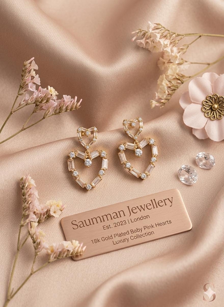 18k Gold Plated Pink Heart Drop Earrings, Double Heart Dangle, Pastel Cubic Zirconia Jewelry