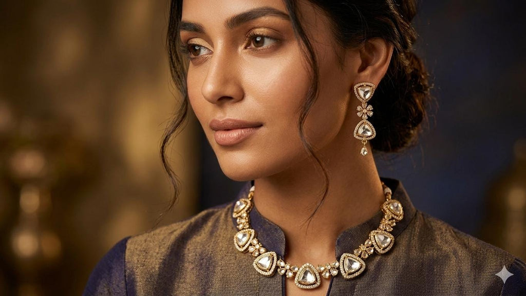 Kundan Necklace Set with Earrings, Gold Plated Polki Choker, Indian Bridal Jewelry