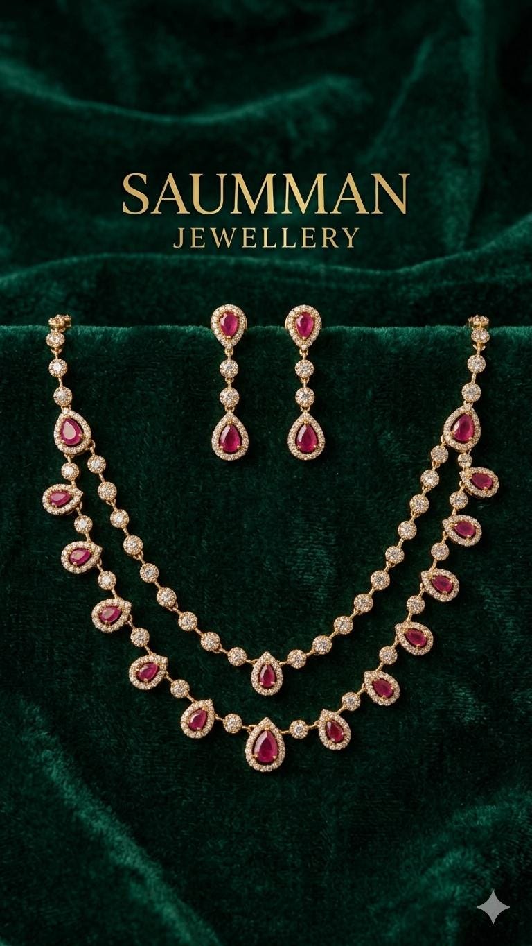 Double Layered Ruby Red AD Necklace Earrings Set  18k Gold Plated Bridal Choker
