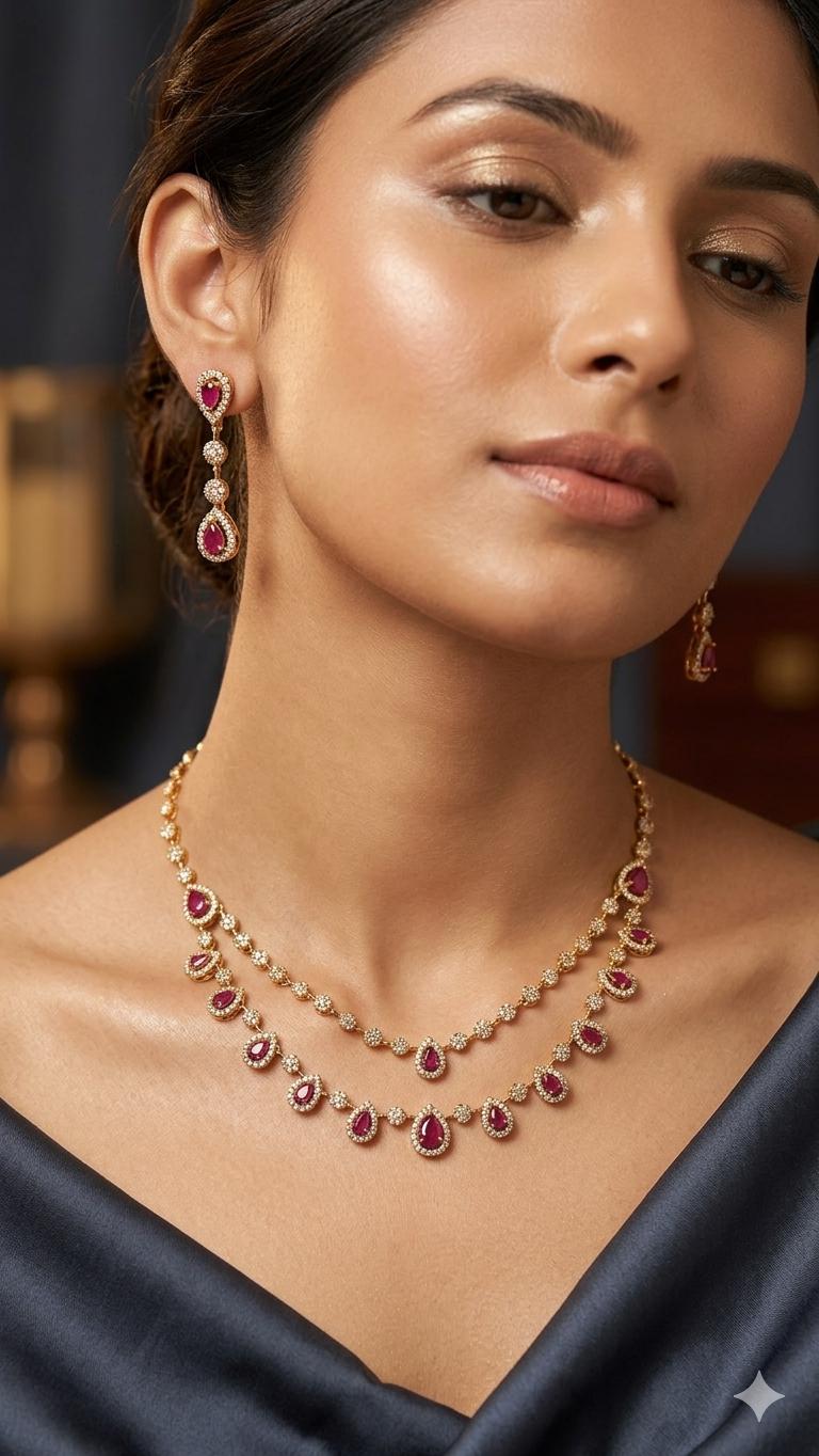 Double Layered Ruby Red AD Necklace Earrings Set  18k Gold Plated Bridal Choker