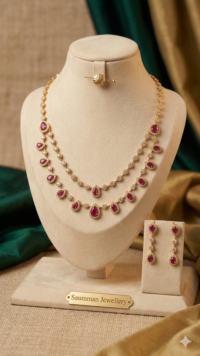 Double Layered Ruby Red AD Necklace Earrings Set  18k Gold Plated Bridal Choker