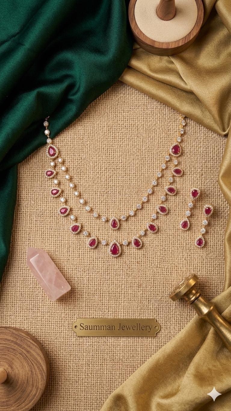 Double Layered Ruby Red AD Necklace Earrings Set  18k Gold Plated Bridal Choker