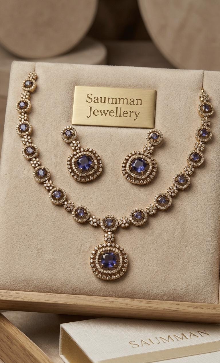 Deep Purple AD Stone Necklace Earrings Set, Gold Plated Royal Wedding Choker