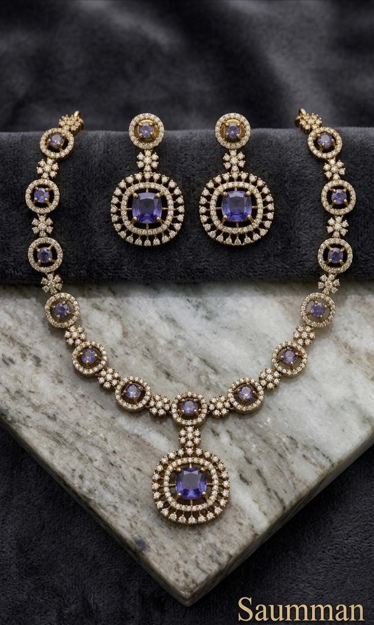 Deep Purple AD Stone Necklace Earrings Set, Gold Plated Royal Wedding Choker
