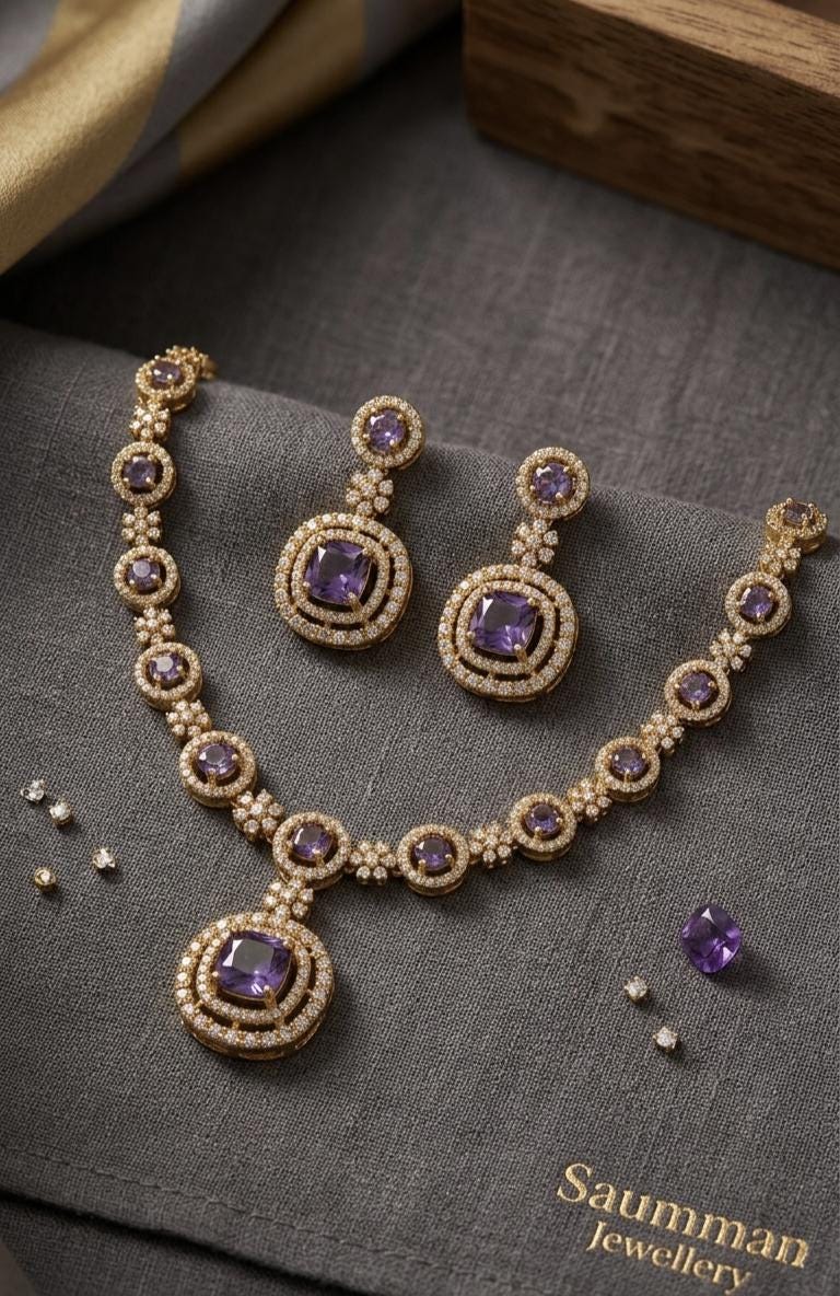 Deep Purple AD Stone Necklace Earrings Set, Gold Plated Royal Wedding Choker