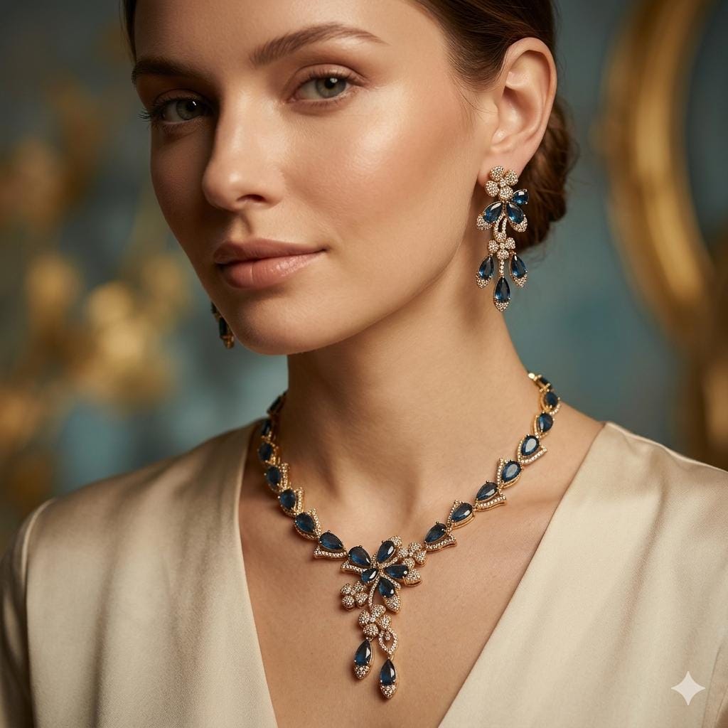 Saumman Jewellery Gold Plated Navy Blue Teardrop Necklace and Earrings Set