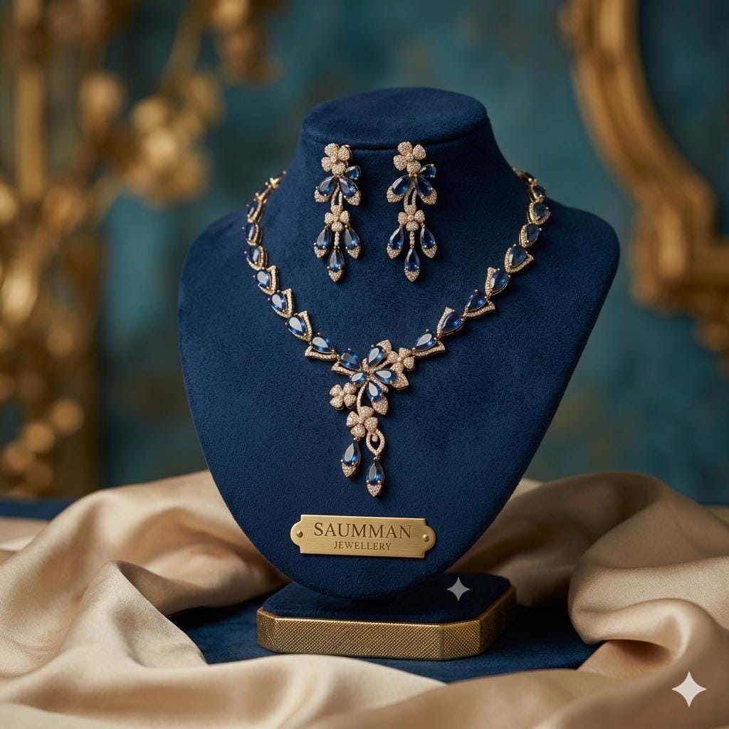 Saumman Jewellery Gold Plated Navy Blue Teardrop Necklace and Earrings Set