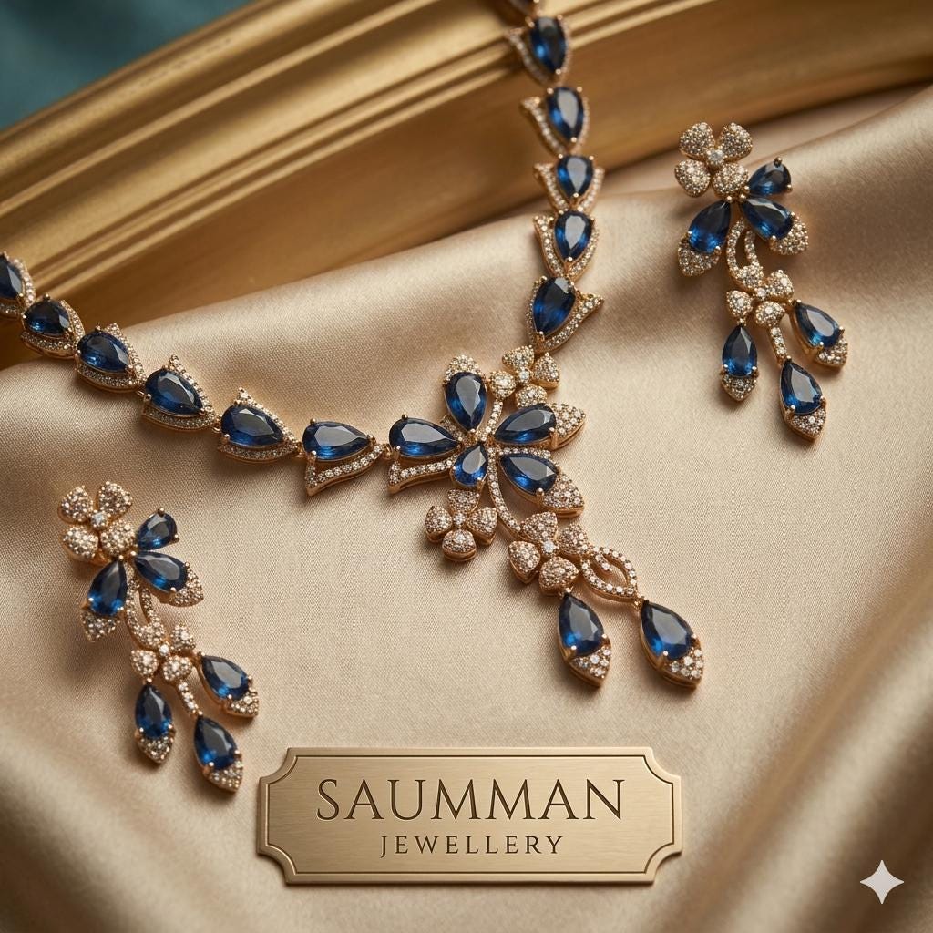 Saumman Jewellery Gold Plated Navy Blue Teardrop Necklace and Earrings Set