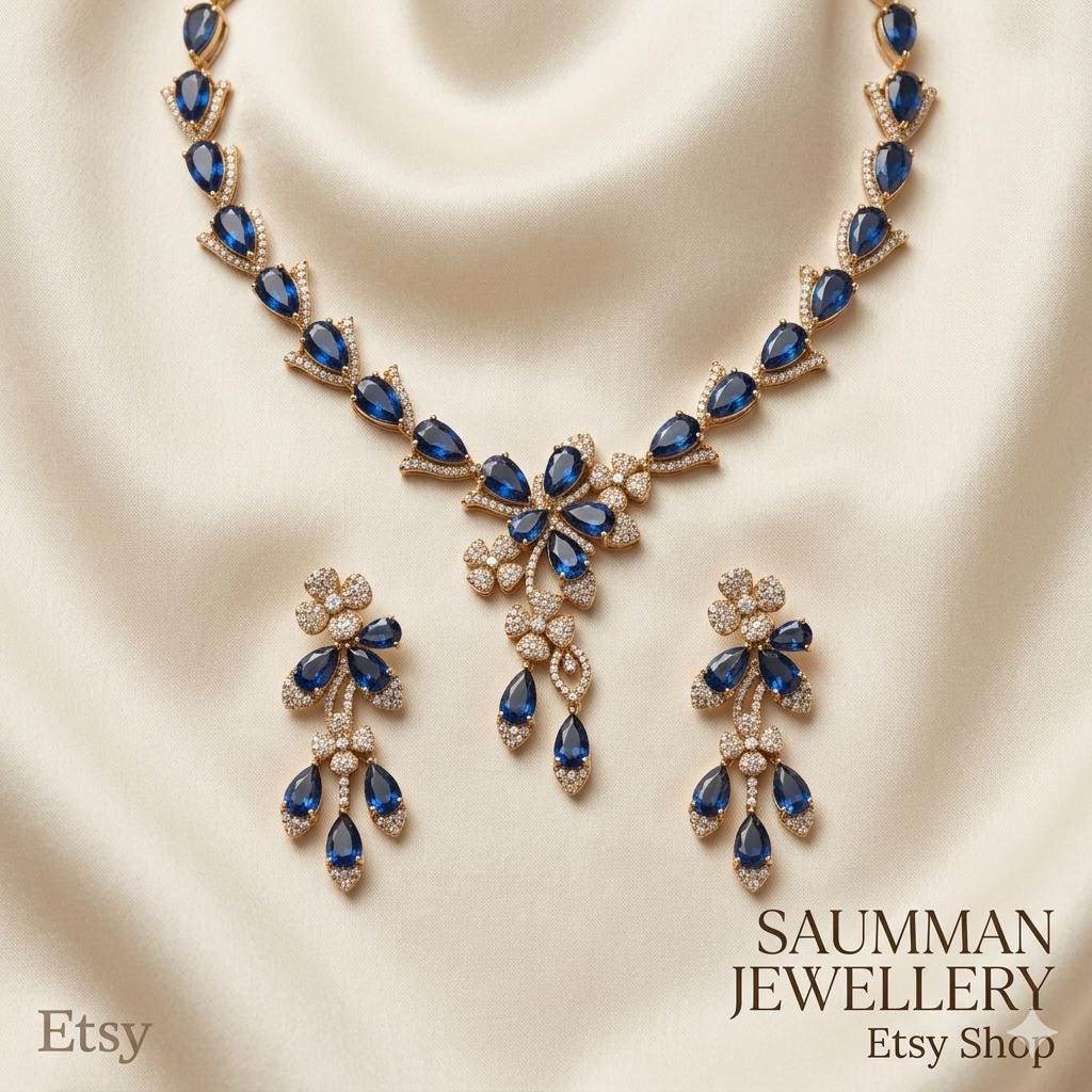 Saumman Jewellery Gold Plated Navy Blue Teardrop Necklace and Earrings Set