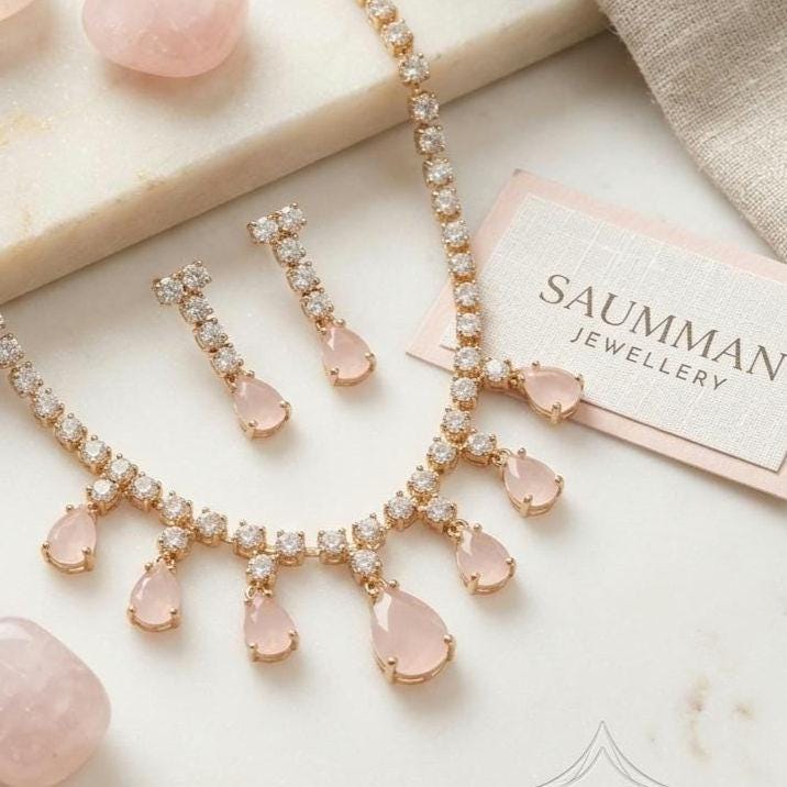 Rose Pink Teardrop Necklace Earring Set, Gold Bridal Jewelry, Wedding Statement Set