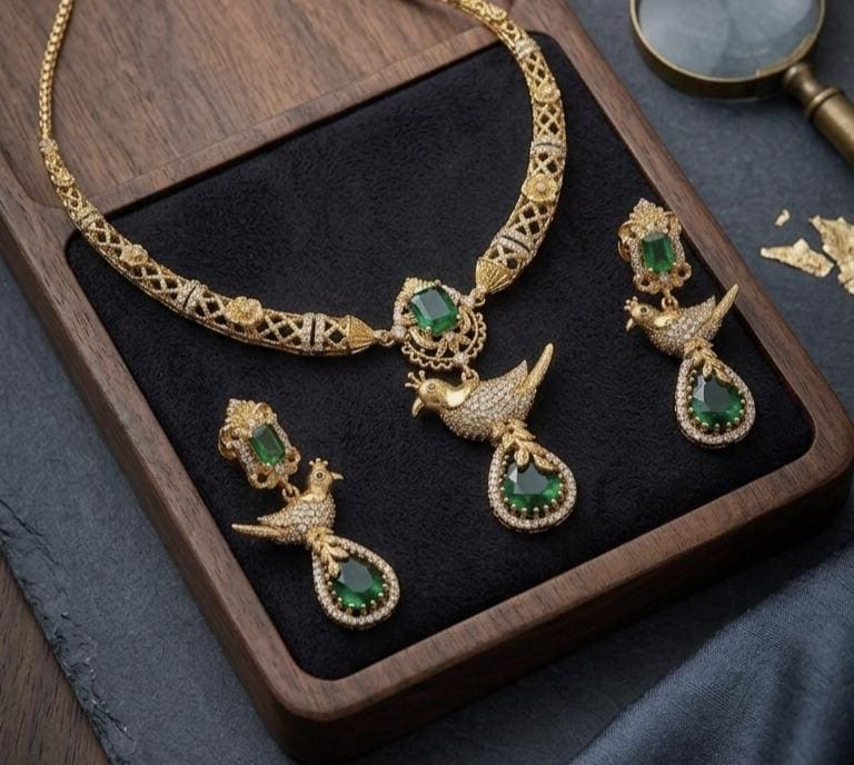 Emerald Bird Hasli Necklace Set, Gold Plated Brass Choker with Earrings
